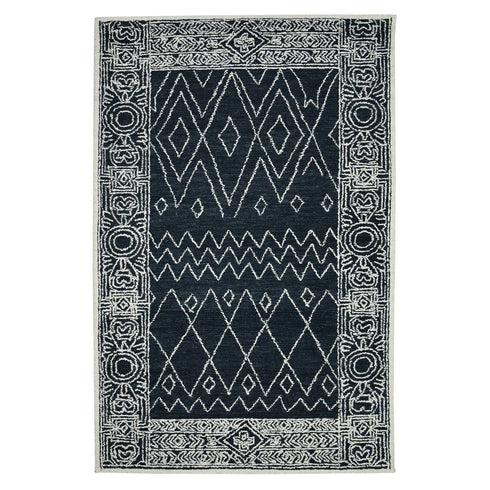 8' X 10' Charcoal And Ivory Wool Southwestern Hand Hooked Area Rug
