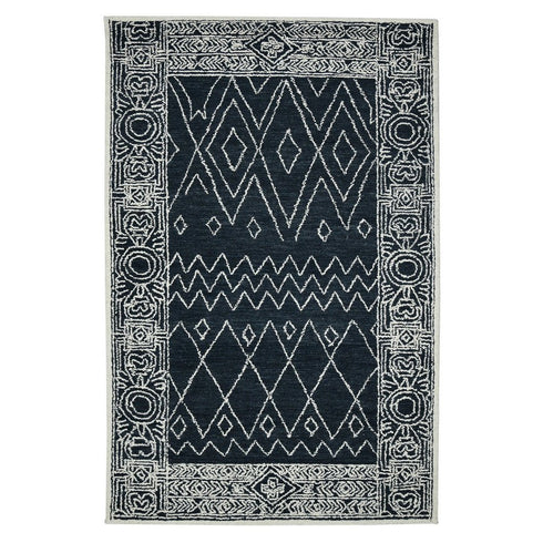 8' X 10' Charcoal And Ivory Wool Southwestern Hand Hooked Area Rug