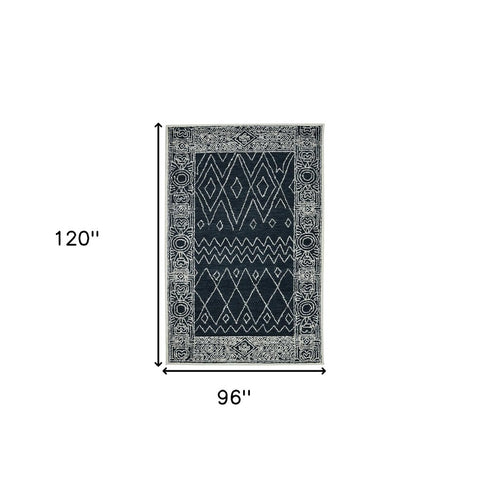 8' X 10' Charcoal And Ivory Wool Southwestern Hand Hooked Area Rug