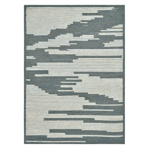 9' X 13' Blue And Ivory Wool Abstract Hand Hooked Area Rug