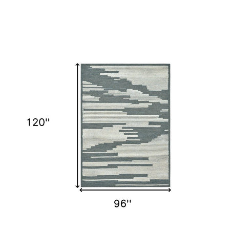 9' X 13' Blue And Ivory Wool Abstract Hand Hooked Area Rug