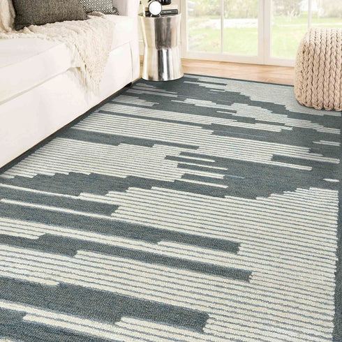 9' X 13' Blue And Ivory Wool Abstract Hand Hooked Area Rug