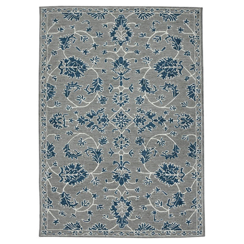 8' X 10' Gray Blue And Ivory Wool Floral Medallion Hand Hooked Area Rug