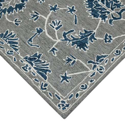 8' X 10' Gray Blue And Ivory Wool Floral Medallion Hand Hooked Area Rug