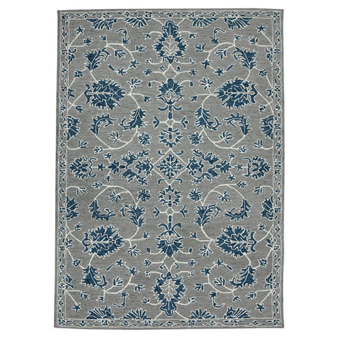 8' X 10' Gray Blue And Ivory Wool Floral Medallion Hand Hooked Area Rug