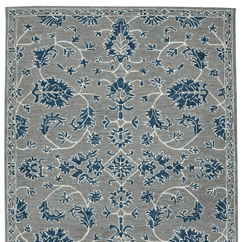 8' X 10' Gray Blue And Ivory Wool Floral Medallion Hand Hooked Area Rug
