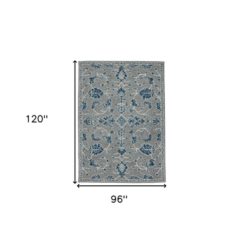 8' X 10' Gray Blue And Ivory Wool Floral Medallion Hand Hooked Area Rug