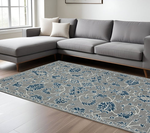 8' X 10' Gray Blue And Ivory Wool Floral Medallion Hand Hooked Area Rug