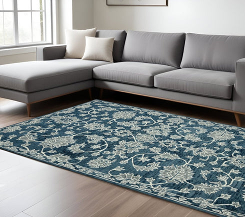 8' X 10' Teal Gray And Ivory Wool Floral Medallion Hand Hooked Area Rug