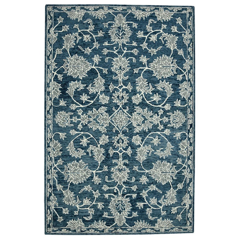 8' X 10' Teal Gray And Ivory Wool Floral Medallion Hand Hooked Area Rug