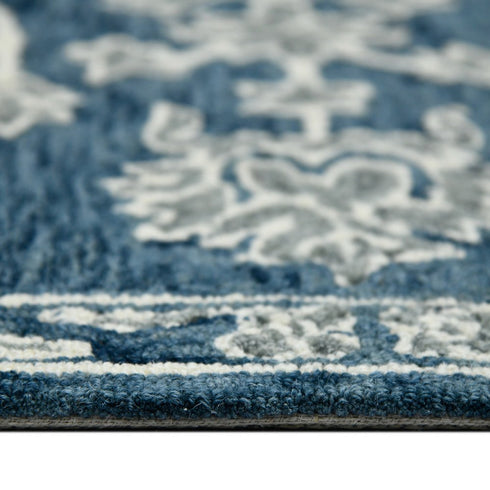 8' X 10' Teal Gray And Ivory Wool Floral Medallion Hand Hooked Area Rug