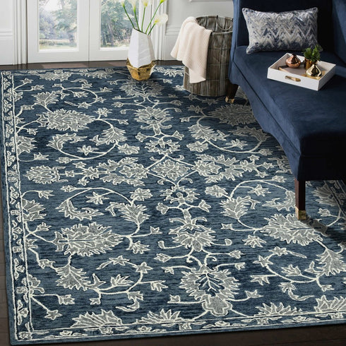 8' X 10' Teal Gray And Ivory Wool Floral Medallion Hand Hooked Area Rug