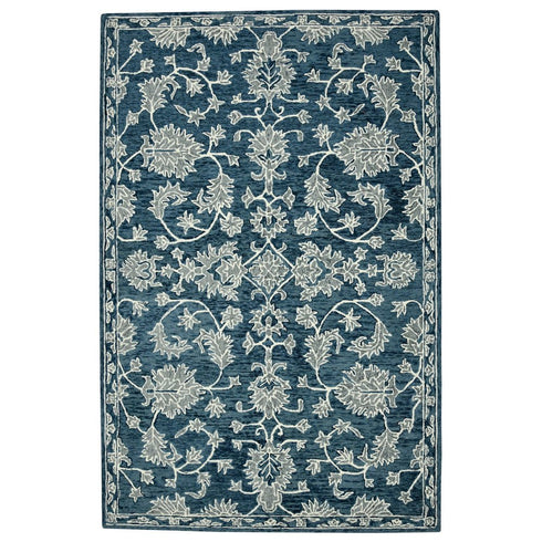 8' X 10' Teal Gray And Ivory Wool Floral Medallion Hand Hooked Area Rug