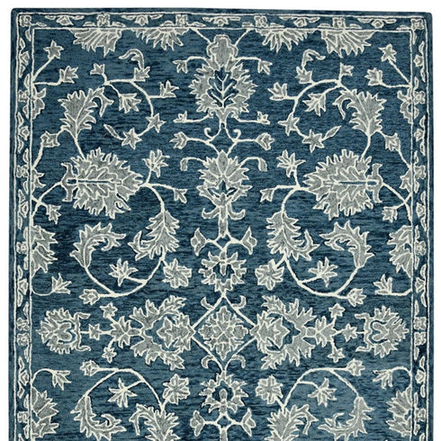 8' X 10' Teal Gray And Ivory Wool Floral Medallion Hand Hooked Area Rug
