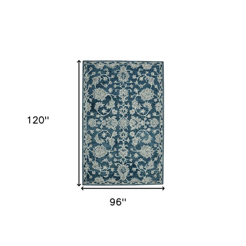 8' X 10' Teal Gray And Ivory Wool Floral Medallion Hand Hooked Area Rug