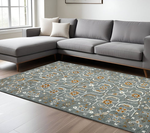 9' X 13' Orange Gray And Ivory Wool Floral Medallion Hand Hooked Area Rug