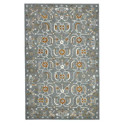 9' X 13' Orange Gray And Ivory Wool Floral Medallion Hand Hooked Area Rug