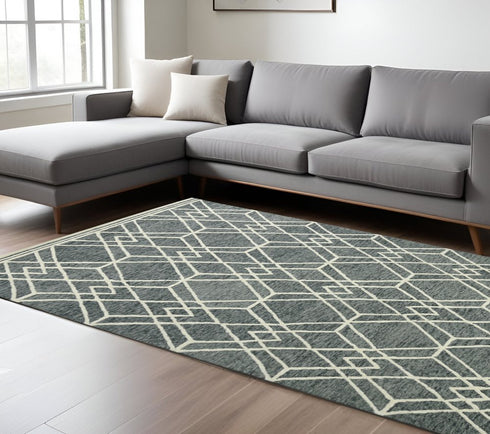 9' X 13' Gray And Ivory Wool Geometric Hand Hooked Area Rug