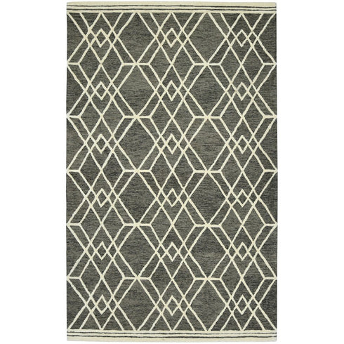 8' X 10' Dark Gray And Ivory Wool Geometric Hand Hooked Area Rug