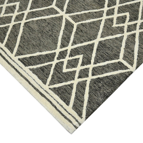 8' X 10' Dark Gray And Ivory Wool Geometric Hand Hooked Area Rug
