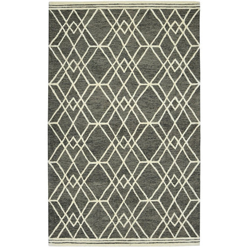 8' X 10' Dark Gray And Ivory Wool Geometric Hand Hooked Area Rug