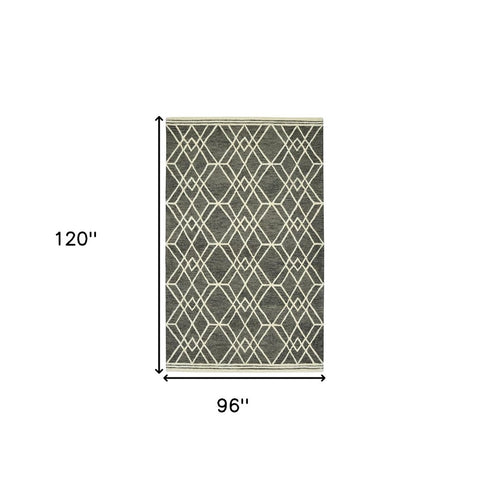 8' X 10' Dark Gray And Ivory Wool Geometric Hand Hooked Area Rug