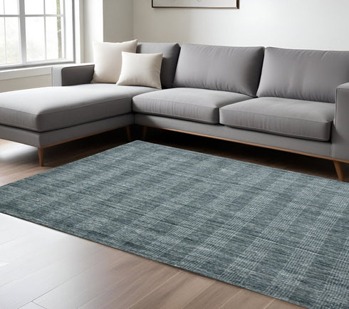 5' X 8' Blue And Ivory Wool Plaid Hand Woven Area Rug