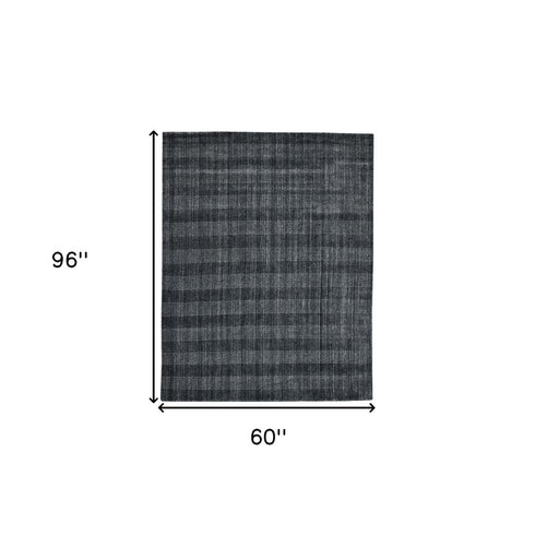5' X 8' Charcoal And Gray Wool Plaid Hand Woven Area Rug