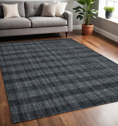 5' X 8' Charcoal And Gray Wool Plaid Hand Woven Area Rug