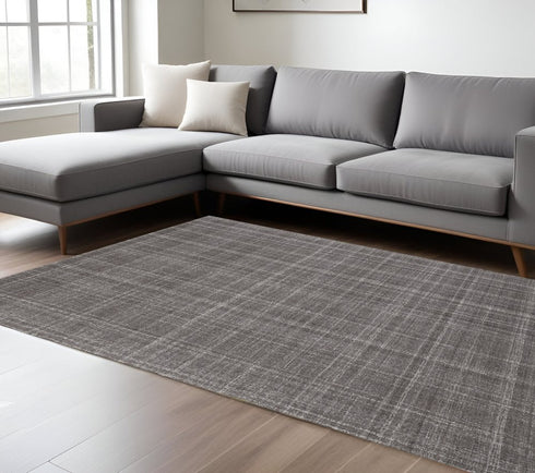 9' X 12' Graphite And Ivory Wool Plaid Hand Tufted Area Rug
