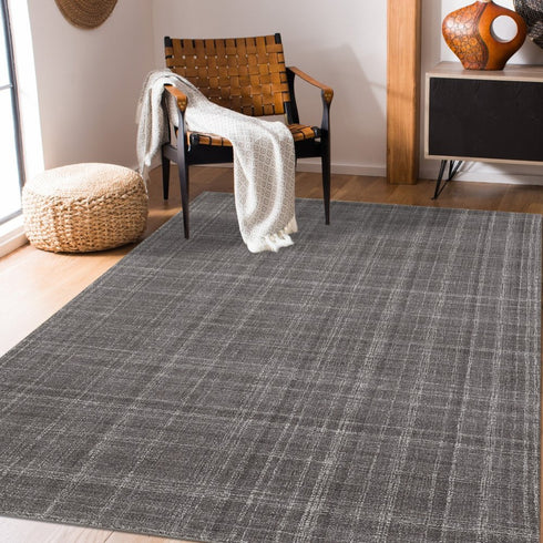 9' X 12' Graphite And Ivory Wool Plaid Hand Tufted Area Rug