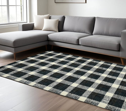 8' X 10' Charcoal And Ivory Wool Plaid Hand Tufted Area Rug