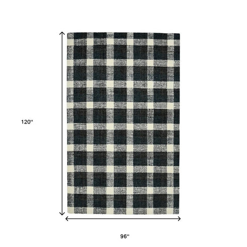 8' X 10' Charcoal And Ivory Wool Plaid Hand Tufted Area Rug