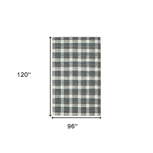 8' X 10' Dark Gray And Ivory Wool Plaid Hand Tufted Area Rug