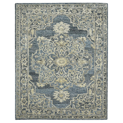 8' X 10' Denim Blue And Ivory Wool Oriental Hand Tufted Area Rug