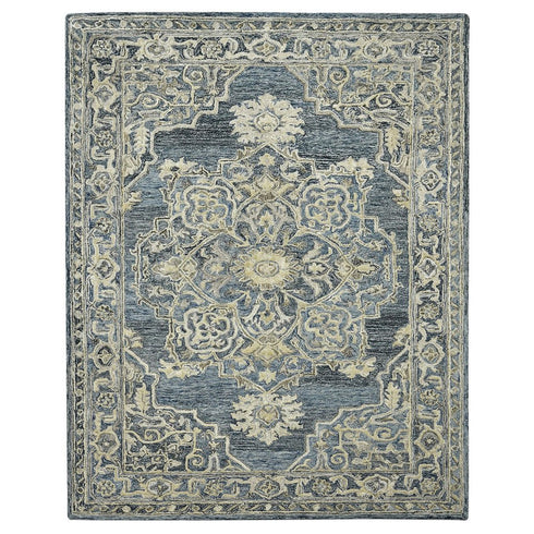 8' X 10' Denim Blue And Ivory Wool Oriental Hand Tufted Area Rug
