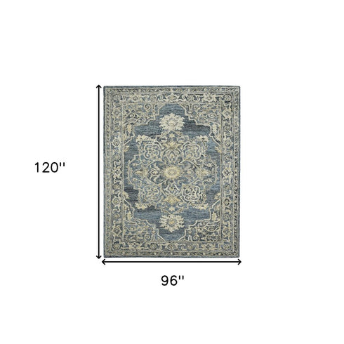 8' X 10' Denim Blue And Ivory Wool Oriental Hand Tufted Area Rug