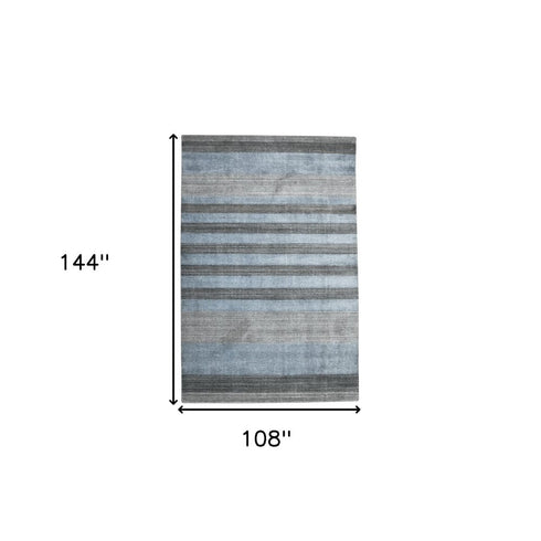 9' X 12' Gray And Light Blue Wool Striped Hand Woven Area Rug