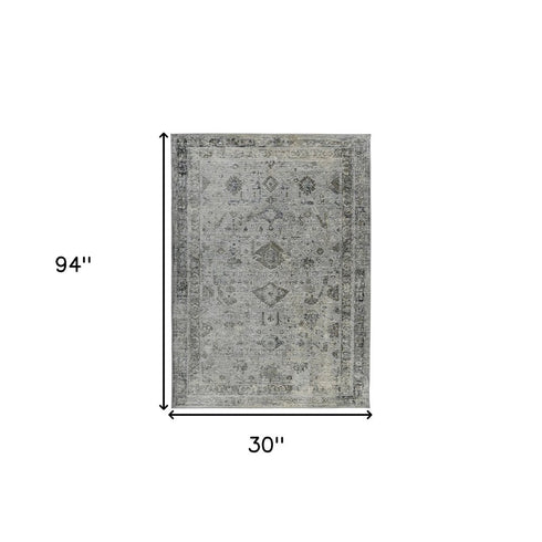 8' Gray And Charcoal Medallion Runner Rug