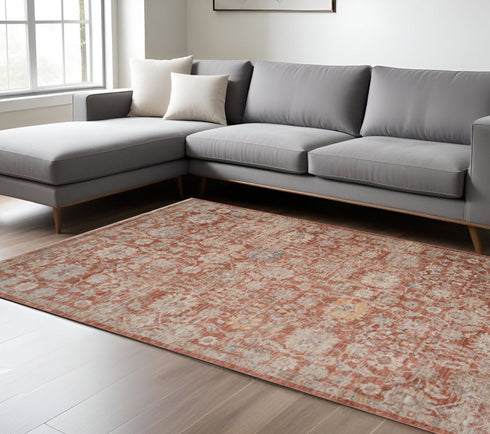 8' X 10' Brick Red And Gray Floral Medallion Area Rug With Fringe