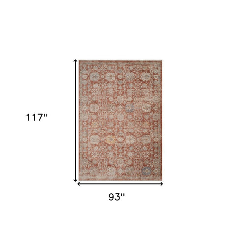8' X 10' Brick Red And Gray Floral Medallion Area Rug With Fringe