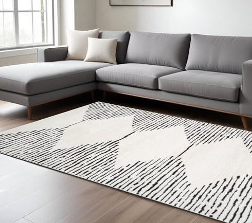 8' X 10' Ivory And Black Geometric Area Rug