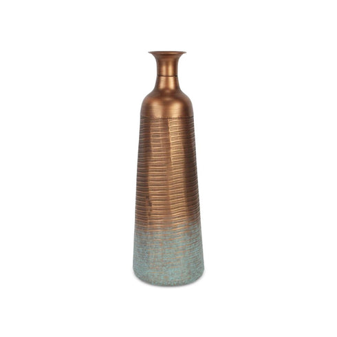 24" Copper And Teal Abstract Tapered Metal Table Vase
