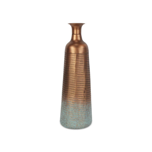 24" Copper And Teal Abstract Tapered Metal Table Vase
