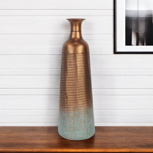 24" Copper And Teal Abstract Tapered Metal Table Vase