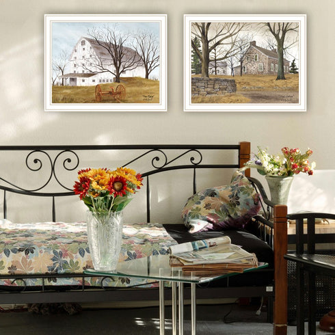 Set Of Two Stone Cottage Farmhouse and White Wooden Barn White Framed Wall Art