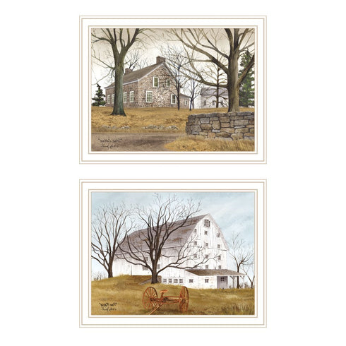 Set Of Two Stone Cottage Farmhouse and White Wooden Barn White Framed Wall Art