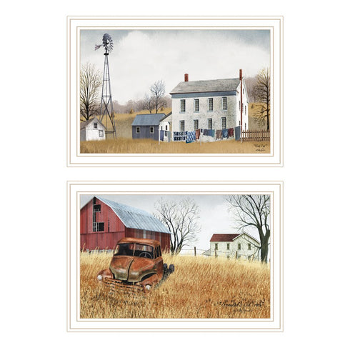 Set Of Two Washday and Granddad's Old Truck White Framed Wall Art