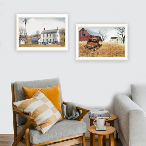 Set Of Two Washday and Granddad's Old Truck White Framed Wall Art