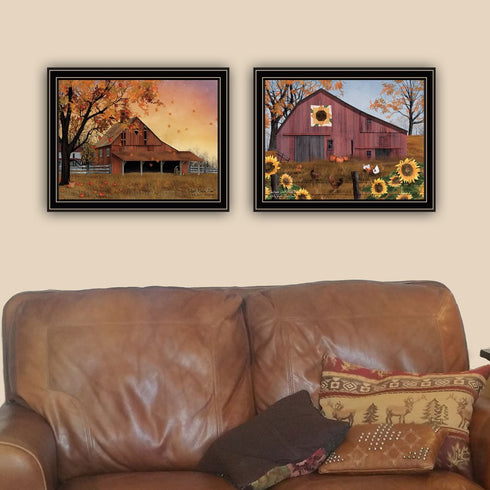 Set Of Two Apple Picking time And Sunflower Quilt Barn Black Framed Wall Art